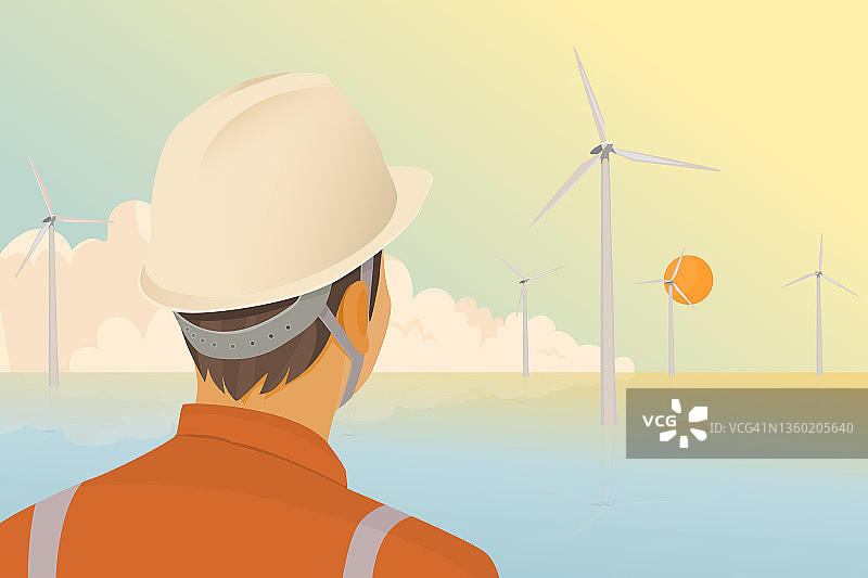 经典的能源插图概念显示，当夕阳西下时，风力涡轮机技术人员正在寻找海上风电场，以创造可持续能源或可再生能源的背景。图片素材