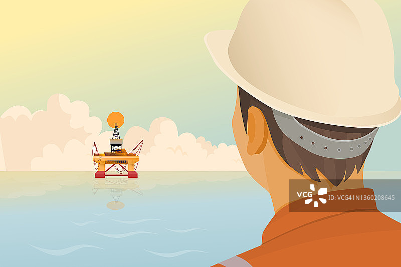 石油工程师在海上油气钻井平台作业的经典能源概念图图片素材