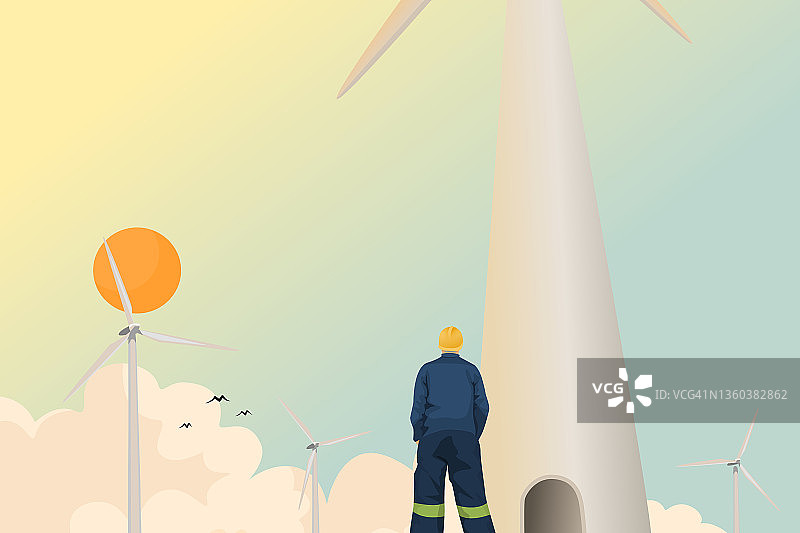 可再生能源风力涡轮机概念插画：技术员站在巨型风力涡轮机前，利用良好大气生产电力图片素材
