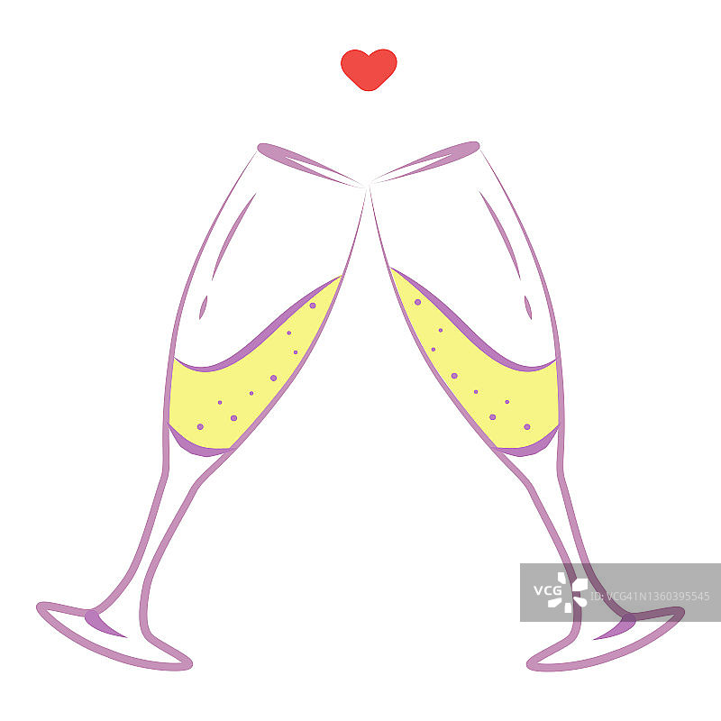 红色爱心与两只香槟杯手绘风格图片素材