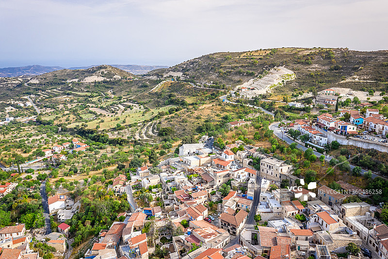 航拍塞浦路斯莱夫卡拉村庄与教堂图片素材