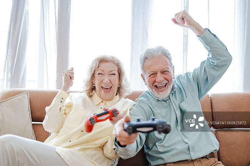 高兴的老年夫妇玩电子游戏图片素材