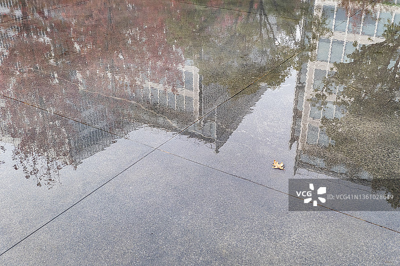 中国杭州现代建筑商务区与红枫池畔倒影图片素材