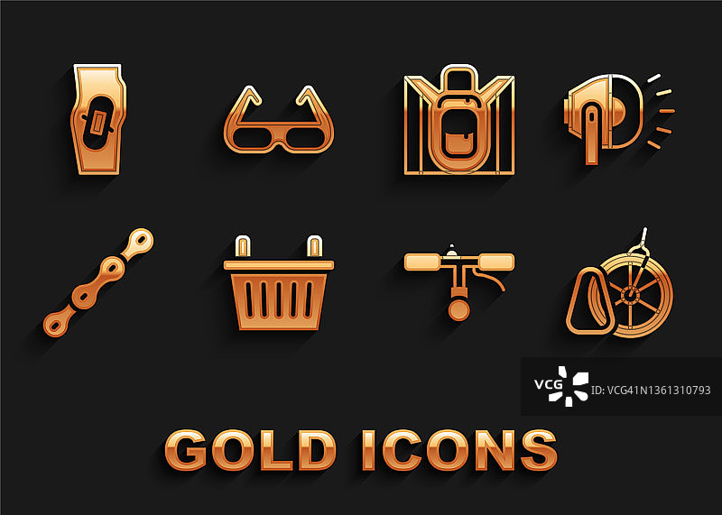 自行车篮、前灯、停车、车把、链条、徒步背包、腿部石膏和运动自行车太阳镜图标矢量图图片素材