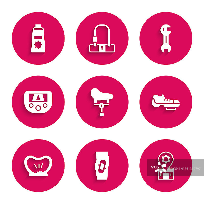 自行车座、腿部石膏、维修服务、鞋子、轮胎、GPS设备与地图、扳手和防晒霜图标矢量素材图片素材