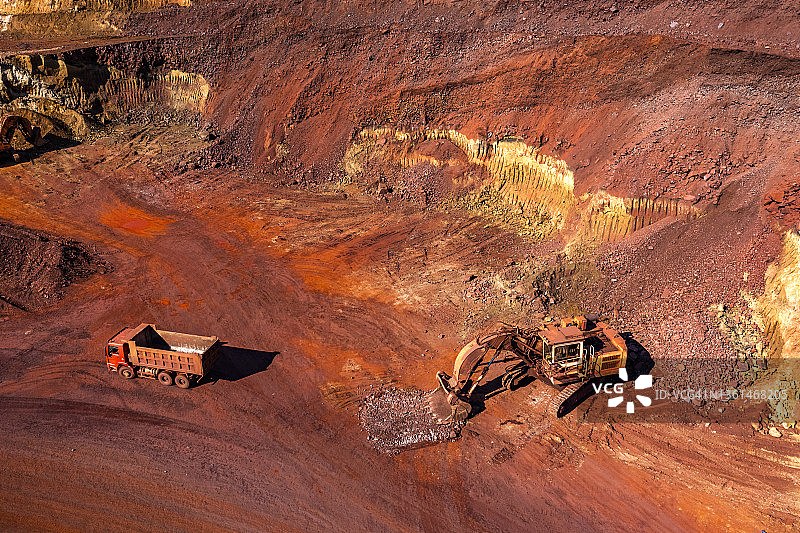 露天铁矿和重型采矿设备的航拍景色，大型挖掘机图片素材