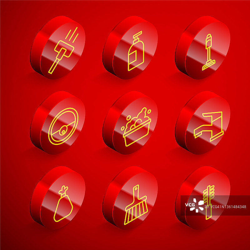 真空吸尘器、洗洁精瓶、扫地机器人、肥皂水盆、水龙头、垃圾袋和扫帚图标矢量集图片素材