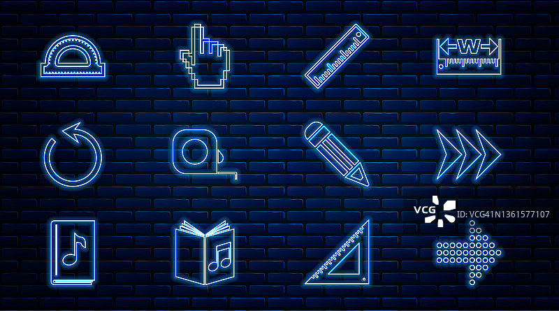 点状箭头、箭头、尺子、轮盘、刷新、量角器、铅笔和像素手标光标图标图片素材