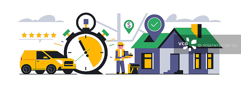 在线食品外卖送货上门服务。快递员获得了五星好评。秒表、汽车、评级。矢量图图片素材