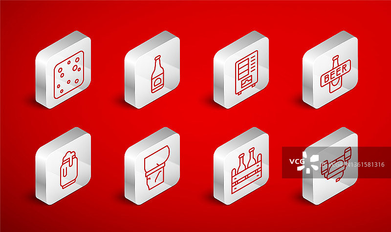 啤酒头盔、啤酒瓶、自动售货机、成组啤酒瓶、气泡、啤酒肚和带泡沫的啤酒罐图标矢量图图片素材