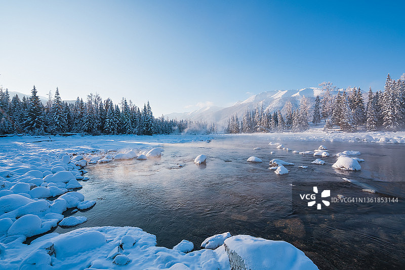 河流穿过冬季森林图片素材