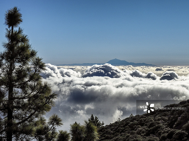 拉帕尔马岛云海，背景为特内里费岛和泰德峰图片素材