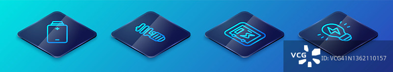 2.5D配电盘、电池充电、创意灯泡及LED灯泡图标集。矢量图图片素材