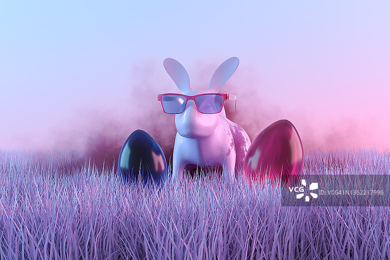 草地上的复活节彩蛋和兔子与霓虹灯图片素材