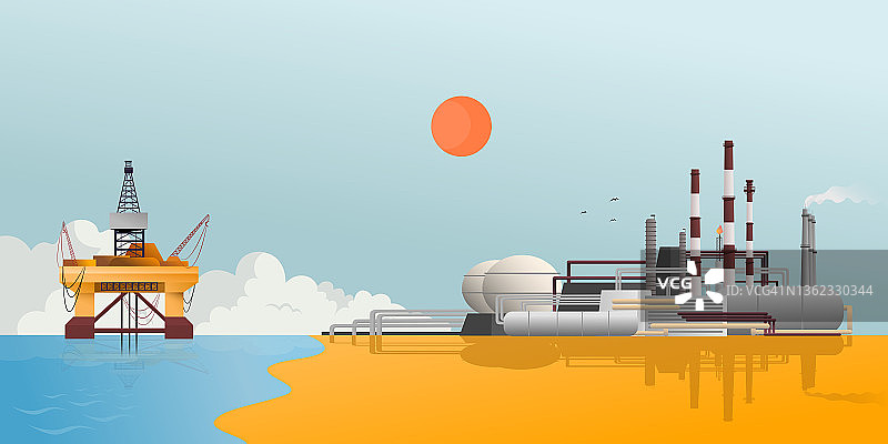 海上平台和炼油厂概念图：张力腿平台用于从油藏生产油气，并将产品运输到陆上炼油厂。图片素材