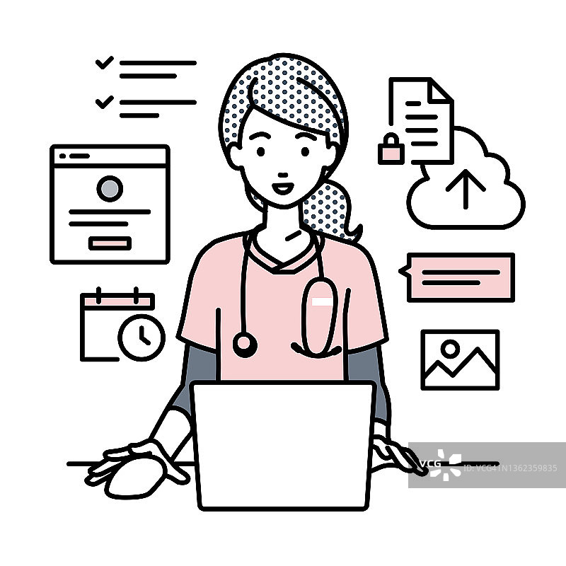 女护士使用笔记本电脑浏览网站、研究、在云端共享文件、安排日程、管理项目、组织任务以及与团队沟通图片素材