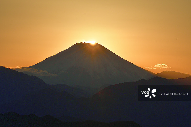 富士山顶峰日落：从高尾山顶观看图片素材