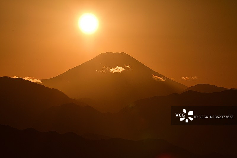 富士山顶峰日落：从高尾山顶观看图片素材