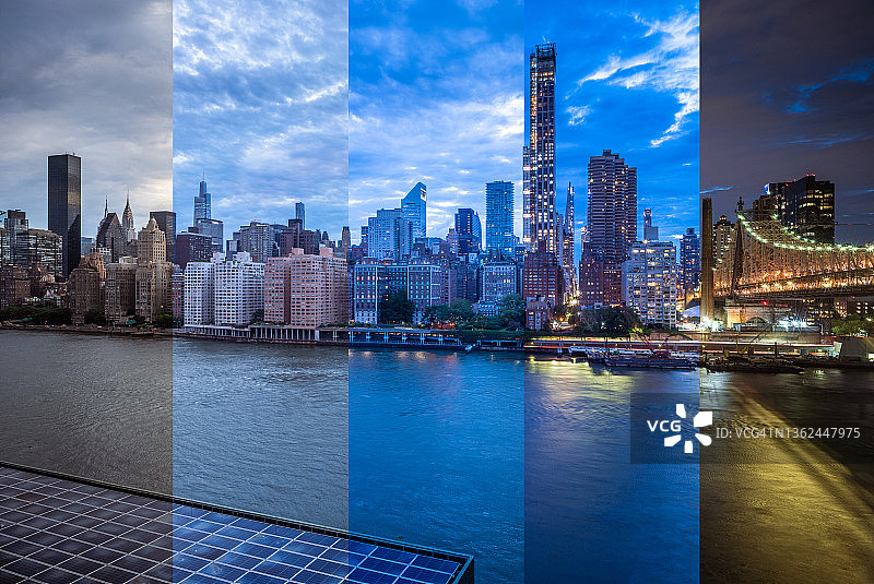 曼哈顿中城和东河的日落合成景观高角度视图图片素材