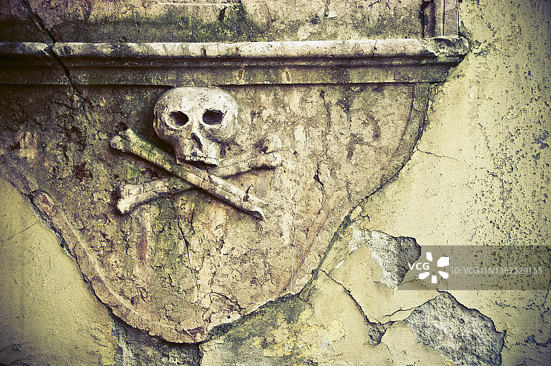 森特安德烈塞尔维亚东正教教堂的骷髅和交叉骨雕刻细节，匈牙利图片素材