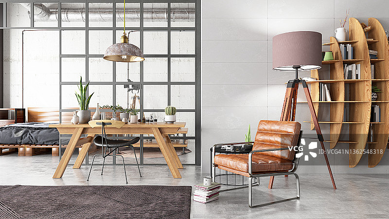 带有书籍和扶手椅的开放式卧室和客厅 Loft 室内设计图片素材