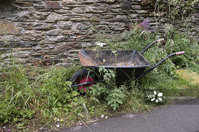 废弃在长草中的旧生锈独轮车图片素材