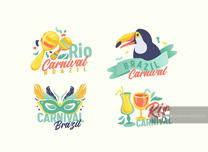 里约热内卢狂欢节标志合集：面具、巨嘴鸟、鸡尾酒和沙锤。节日banner、贴纸或标签设计图片素材
