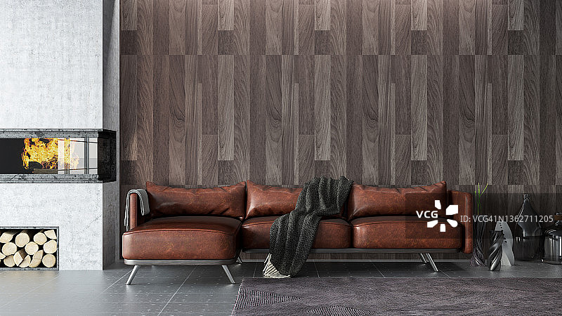 木质墙壁和壁炉旁的真皮沙发图片素材