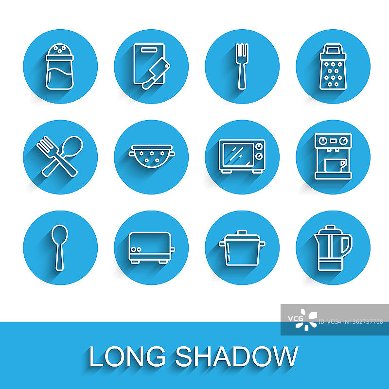 勺子、烤面包机、盐、烹饪锅、茶壶、厨房滤锅、咖啡机和微波炉图标组合矢量素材图片素材