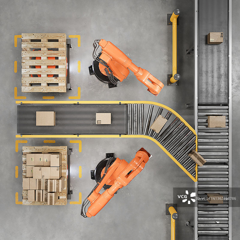在智能仓库的传送带上工作的工业机器人图片素材