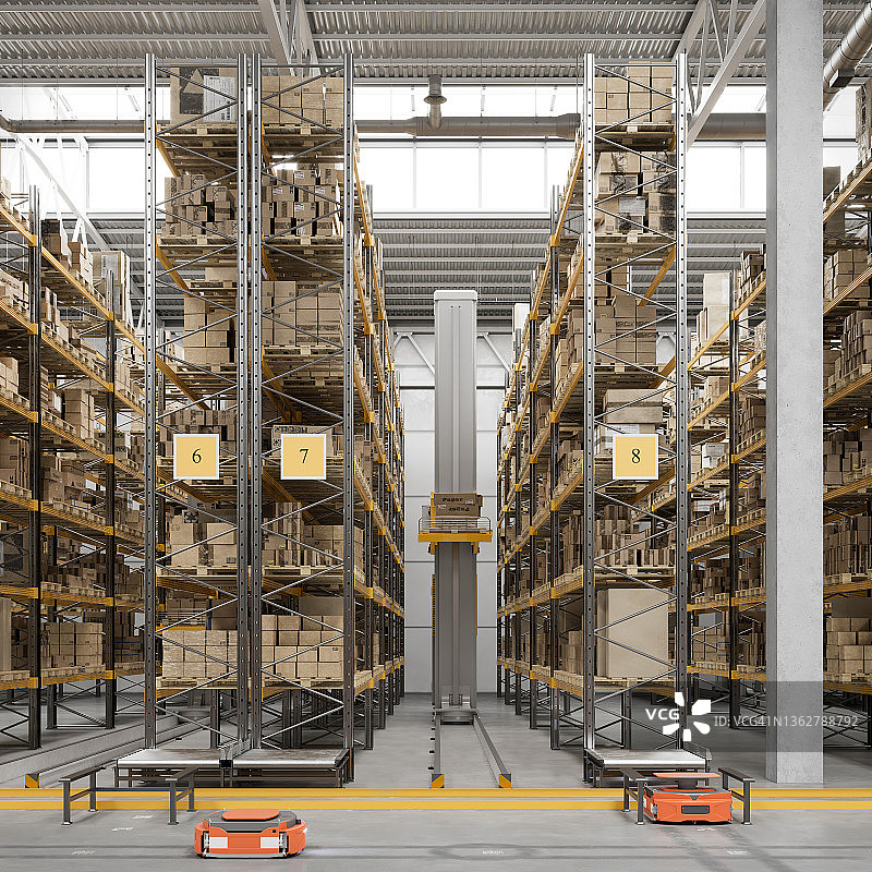 未来主义仓库内部，3D渲染的自动导引车图片素材