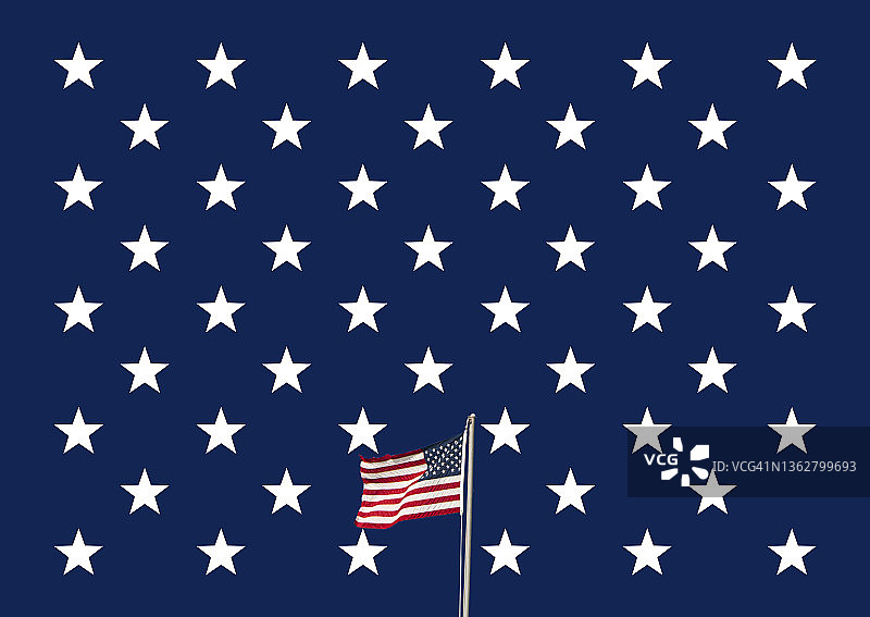 在蓝色背景下，50颗白色星星的图形场上飘扬的美国国旗图片素材