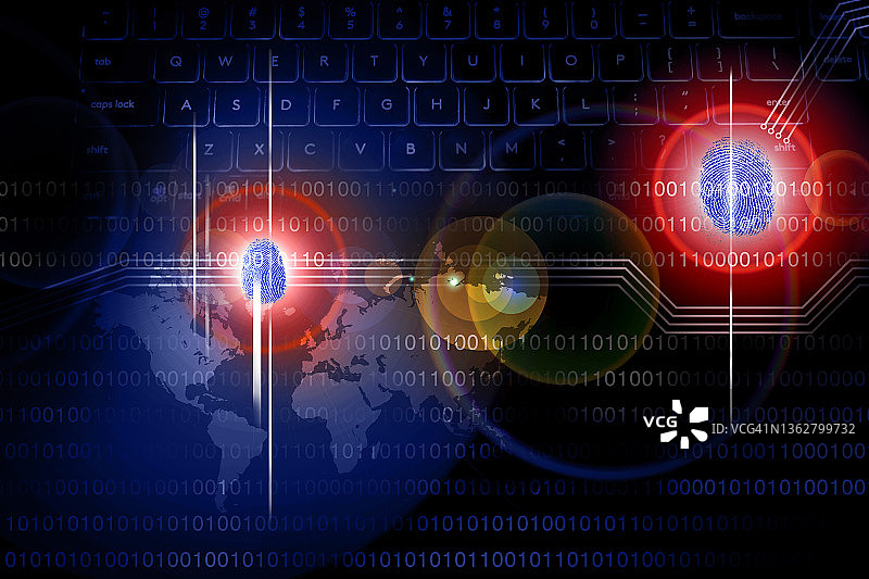 世界地图上的指纹键盘网络攻击图片素材