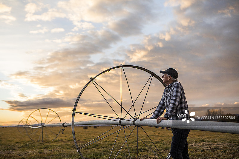 农场喷灌系统旁的老人图片素材