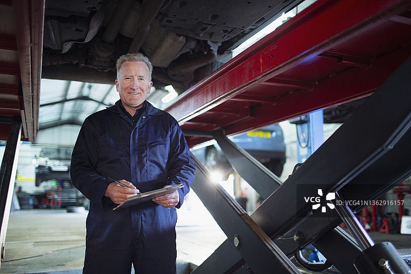 在汽车修理店里拿着写字板在汽车下工作的自信微笑的男机械师肖像图片素材