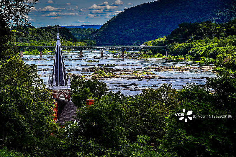 从西弗吉尼亚州哈珀斯费里国家历史公园的杰斐逊岩地标观看波托马克河图片素材