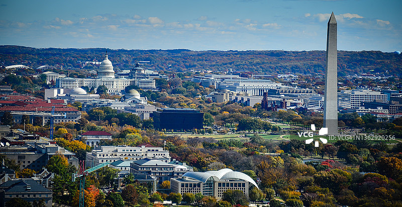 秋末华盛顿特区鸟瞰：美国国会大厦和华盛顿纪念碑图片素材