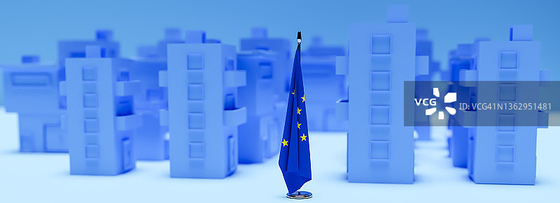 3D欧盟旗帜在法兰克福欧洲大厦前，渲染图像数字计算机图片素材
