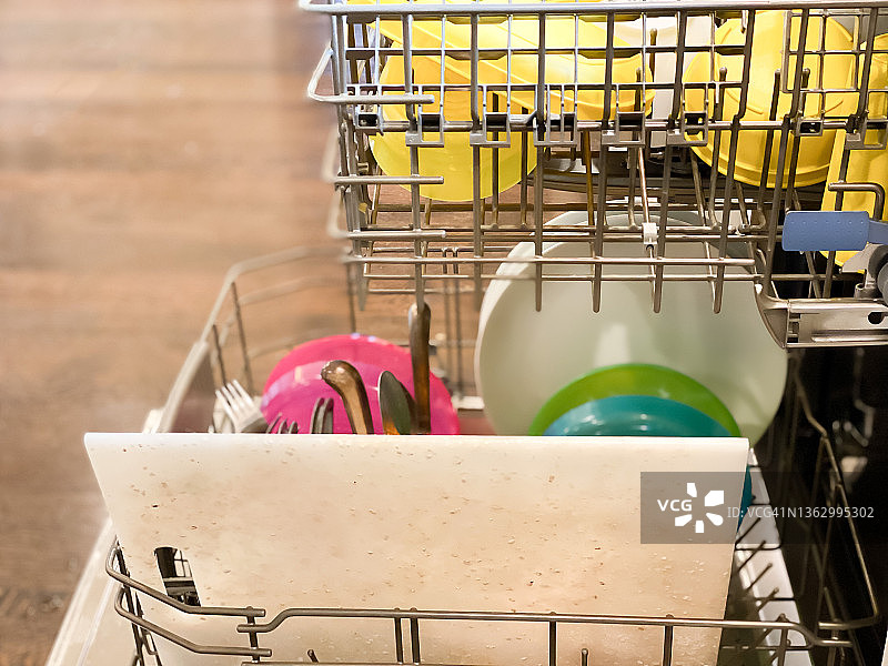 装在家庭洗碗机里的脏盘子图片素材