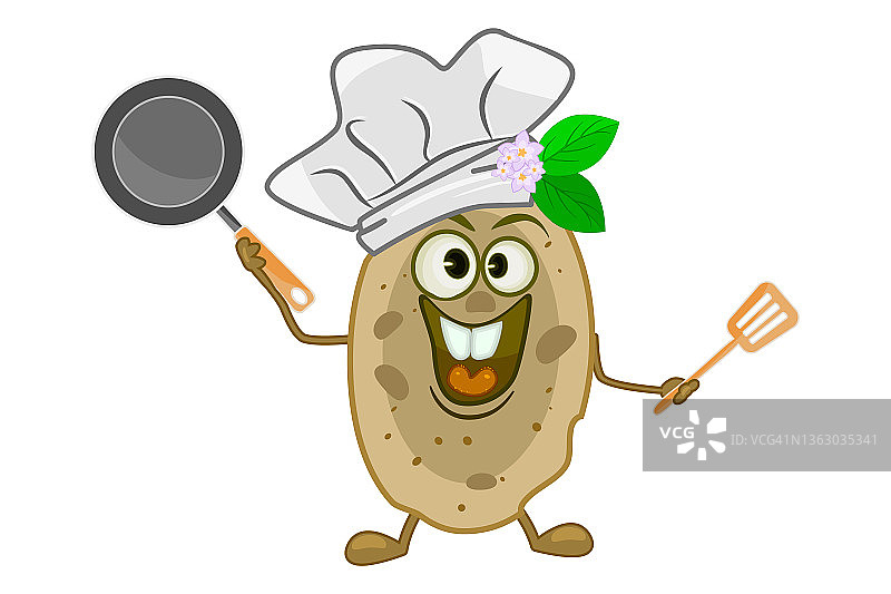 戴着帽子、手持煎锅和铲子的土豆厨师图片素材