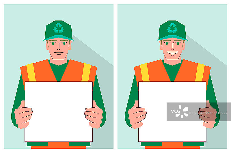 一位身穿反光背心的年轻环卫工人拿着一个带有两种不同情绪的空白标志图片素材