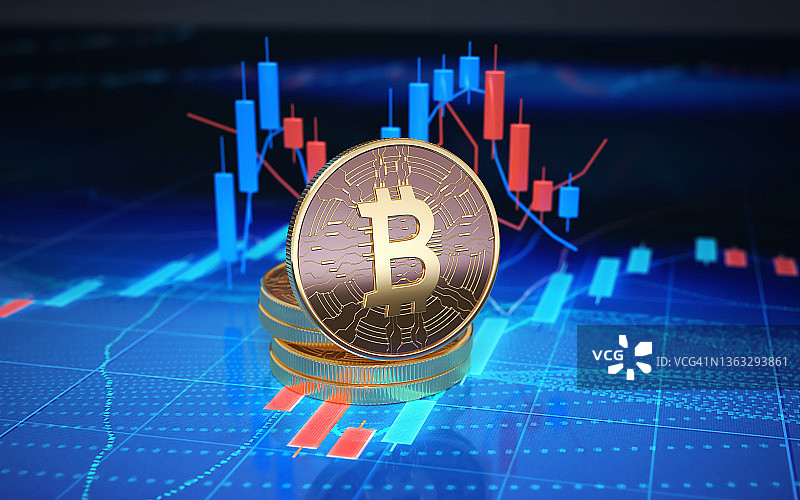 数字图形背景上的比特币加密货币图片素材