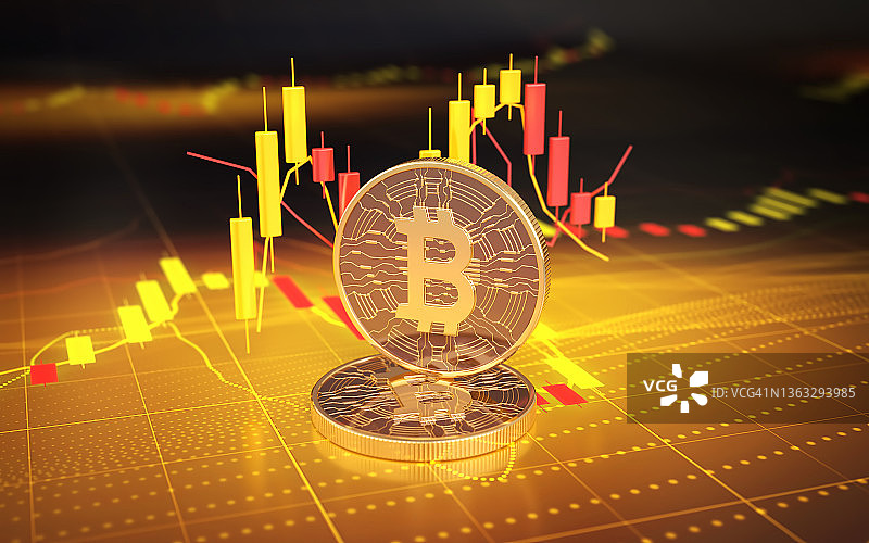 数字图形背景上的比特币加密货币图片素材