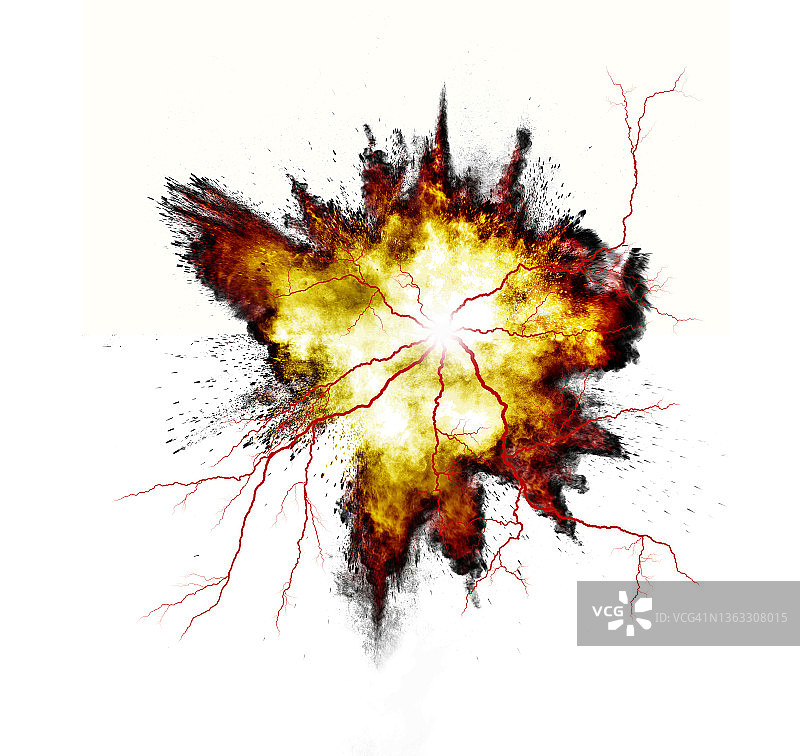 白色背景上的爆炸、火云、烟雾和火花图片素材