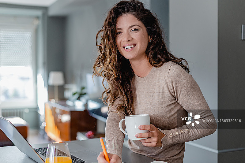 在家用笔记本电脑工作的美丽女人肖像图片素材