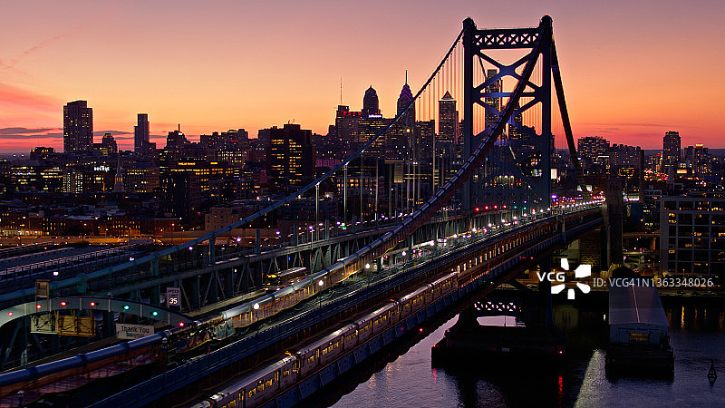 无人机拍摄：PATCO列车驶过本杰明·富兰克林大桥，前往费城图片素材