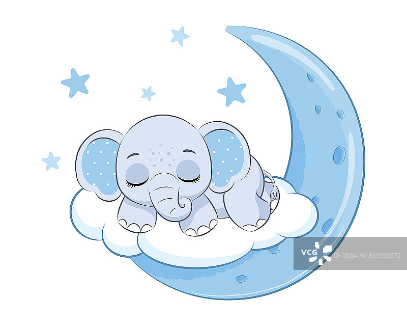 在月亮上睡觉的可爱小象男孩矢量插画图片素材