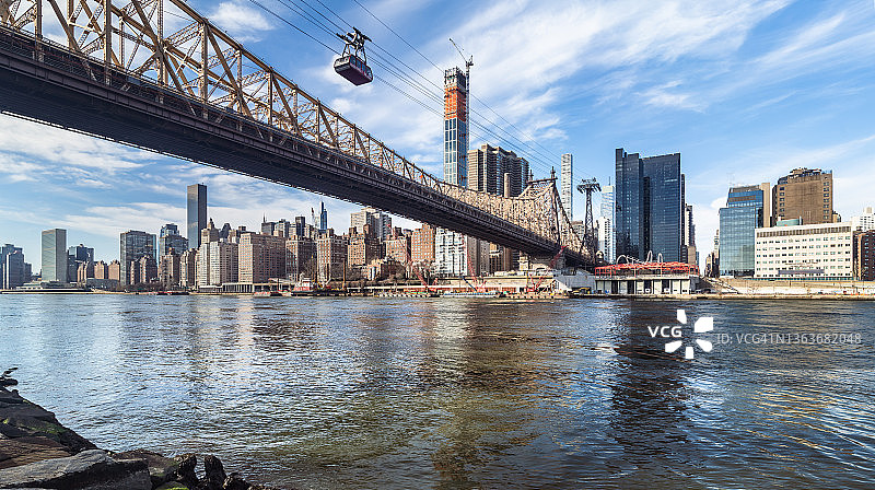 纽约皇后区大桥和罗斯福岛缆车的天际线景观图片素材