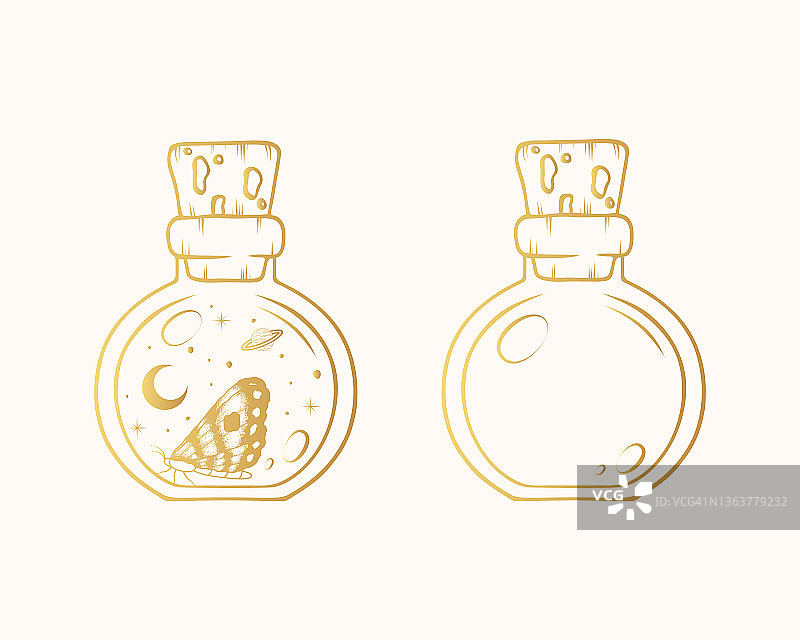 月亮蝴蝶星星主题金色瓶子矢量线条素材图片素材