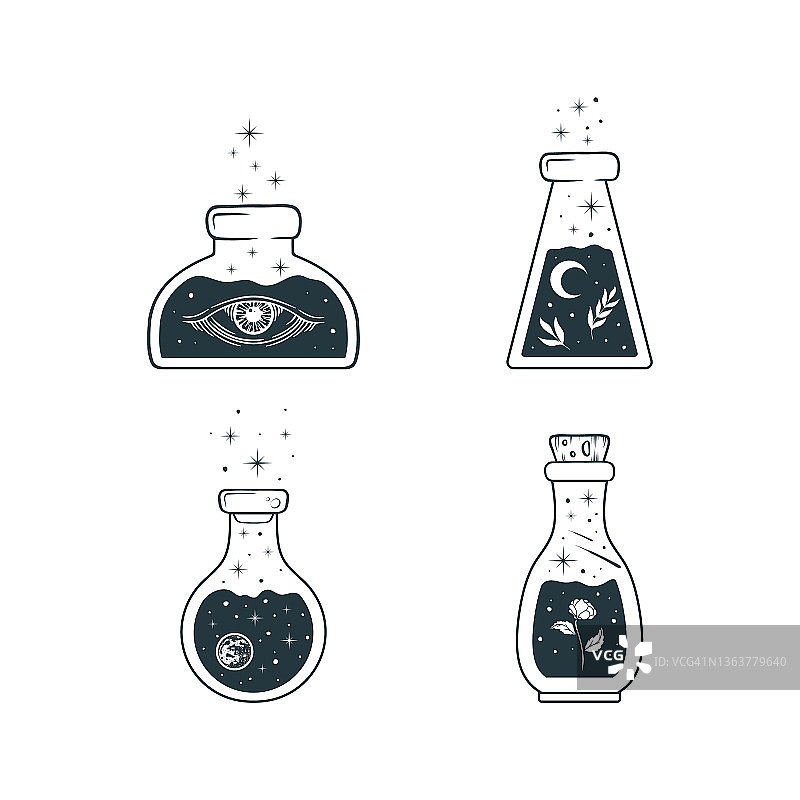 星月行星树枝玫瑰图案的星空罐，波西米亚风格手绘矢量插画图片素材